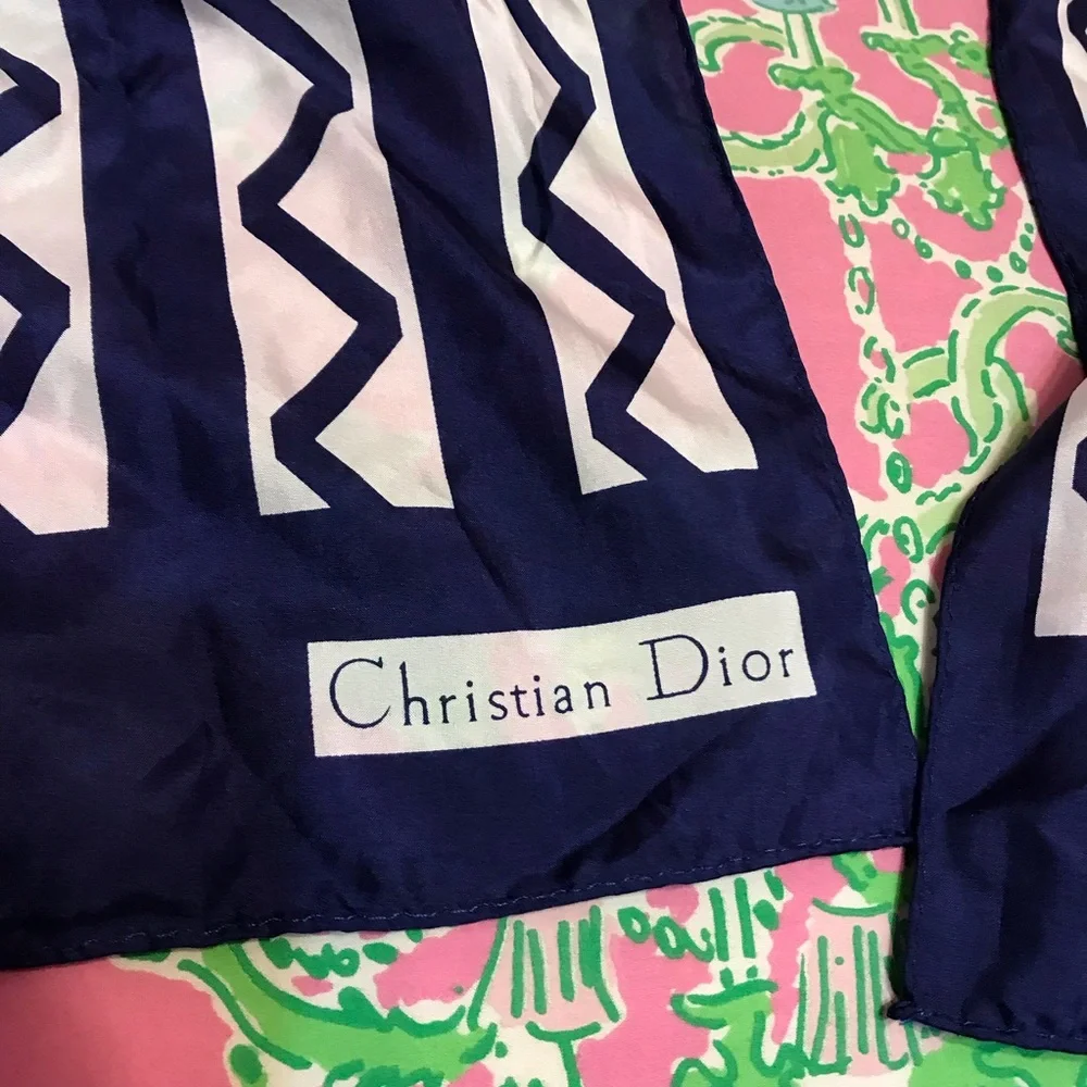 Christian Dior Navy and White Patterned vintage Scarf